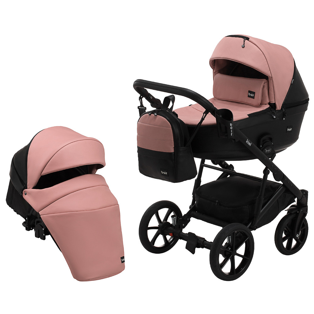 Коляска 2 в 1 Bair Kiwi кожа 100% BK-44/15 розовый (пудра) - черный