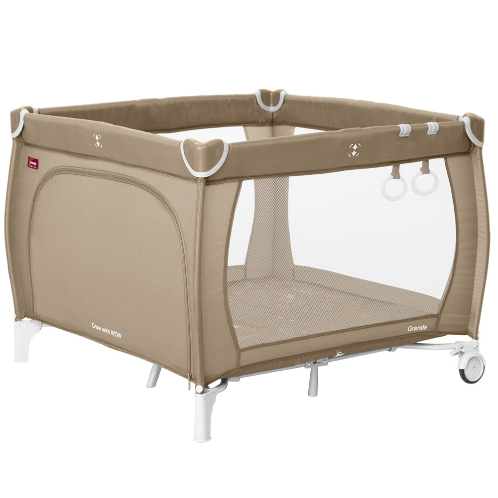 Carrello Grande CRL-11504/1 - дитячий манеж з віконцем на змійці, квадратний (2 колеса, сумка-переноска для транспортування, 2 кільця для підтягування) • Sand Beige