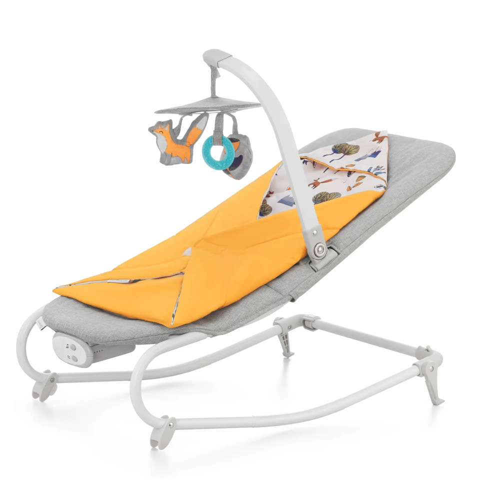 Kinderkraft Felio 2 - шезлонг-качалка с успокаивающими звуками, вибрацией и игрушками • Forest Yellow (KBFELI20YEL0000)