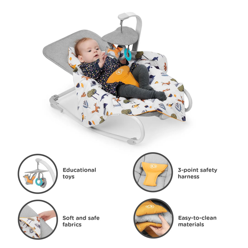 Kinderkraft Felio 2 - шезлонг-качалка с успокаивающими звуками, вибрацией и игрушками • Forest Yellow (KBFELI20YEL0000)