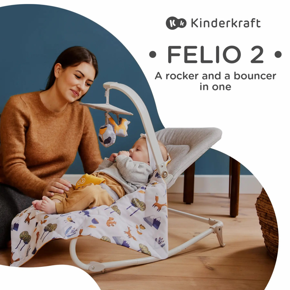 Kinderkraft Felio 2 - шезлонг-качалка с успокаивающими звуками, вибрацией и игрушками • Forest Yellow (KBFELI20YEL0000)