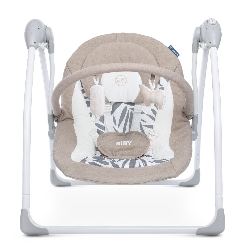 El Camino Airy ME 1047L - электронные качели для новорожденного (питание от сети, от батареек АА, пульт ДУ, таймер, дуга с игрушками) • Beige Leaves