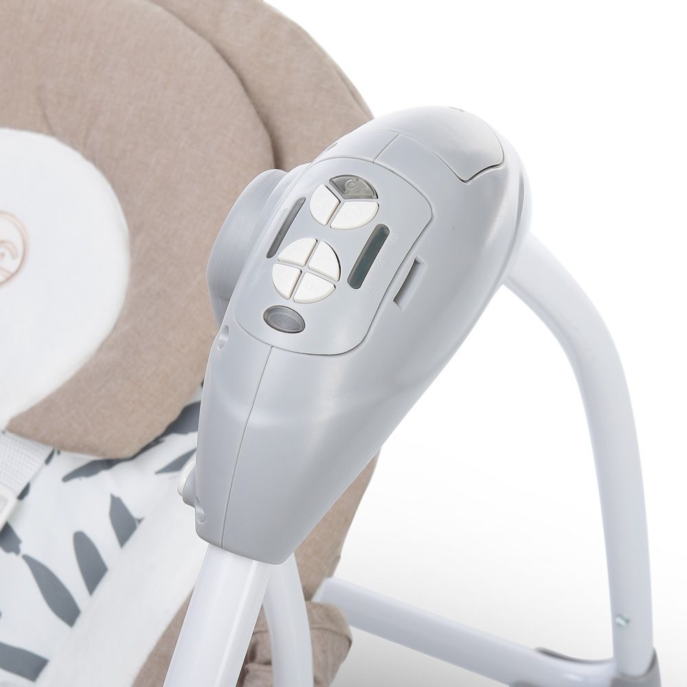 El Camino Airy ME 1047L - электронные качели для новорожденного (питание от сети, от батареек АА, пульт ДУ, таймер, дуга с игрушками) • Beige Leaves