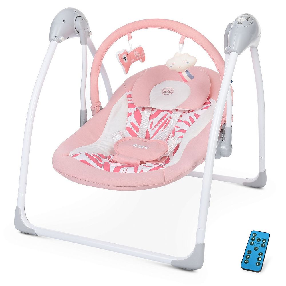 El Camino Airy ME 1047L - электронные качели для новорожденного (питание от сети, от батареек АА, пульт ДУ, таймер, дуга с игрушками) • Rose Leaves