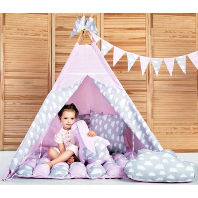 Вигвам Хатка комплект Бонбон Нежность Розовый с серым (облака) с подушками