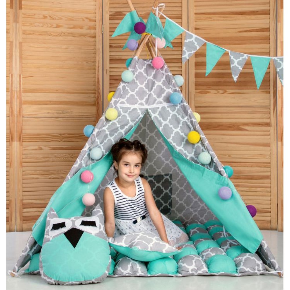 Вігвам Хатка комплект Бонбон Сонце Бірюза із сірим з подушкою