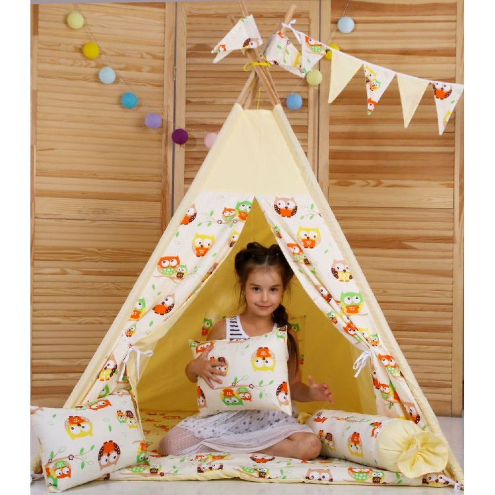 Вигвам Хатка комплект Бежевые Совы с подушкой