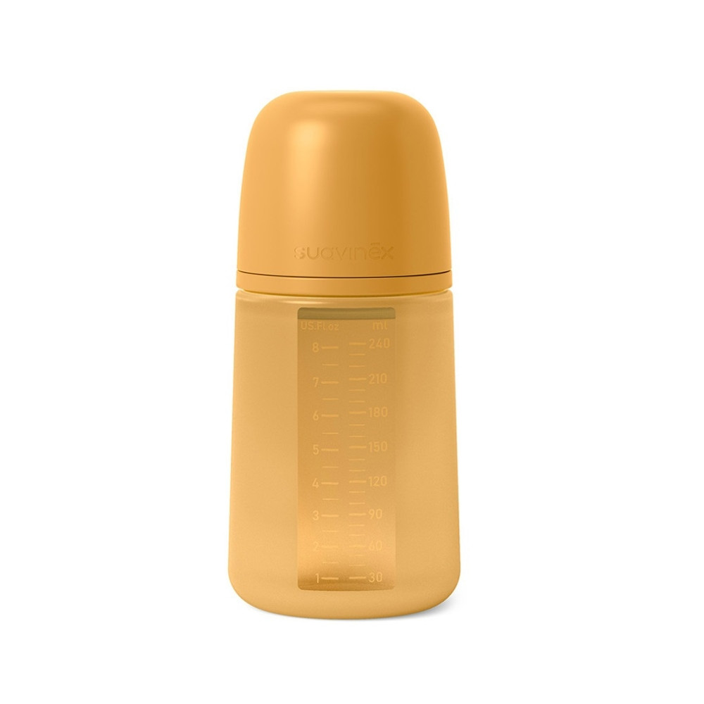 Пляшечка силіконова Suavinex Colour Essence, фізіологічна соска, середній потік, 240 мл, mustard (308069)