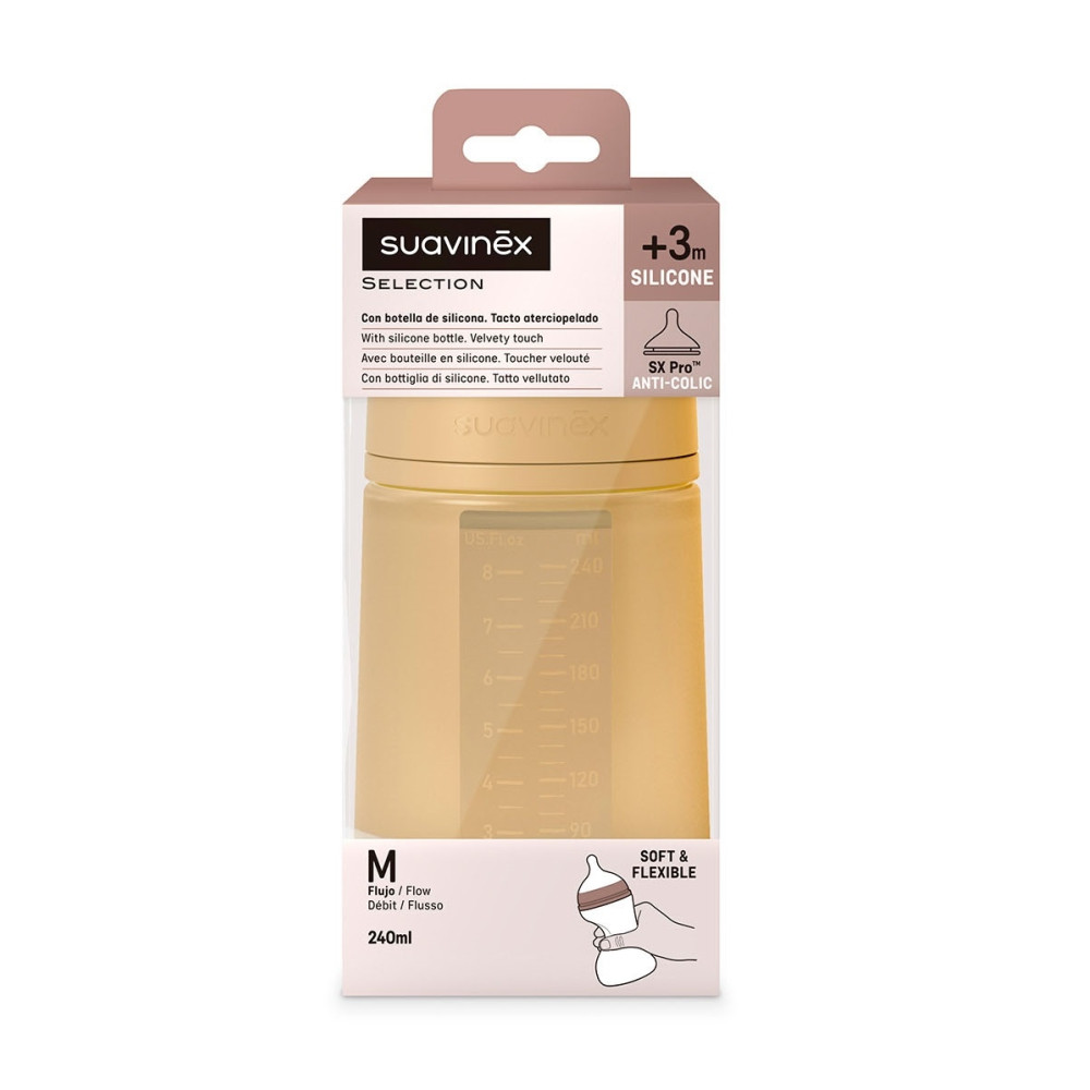 Пляшечка силіконова Suavinex Colour Essence, фізіологічна соска, середній потік, 240 мл, mustard (308069)