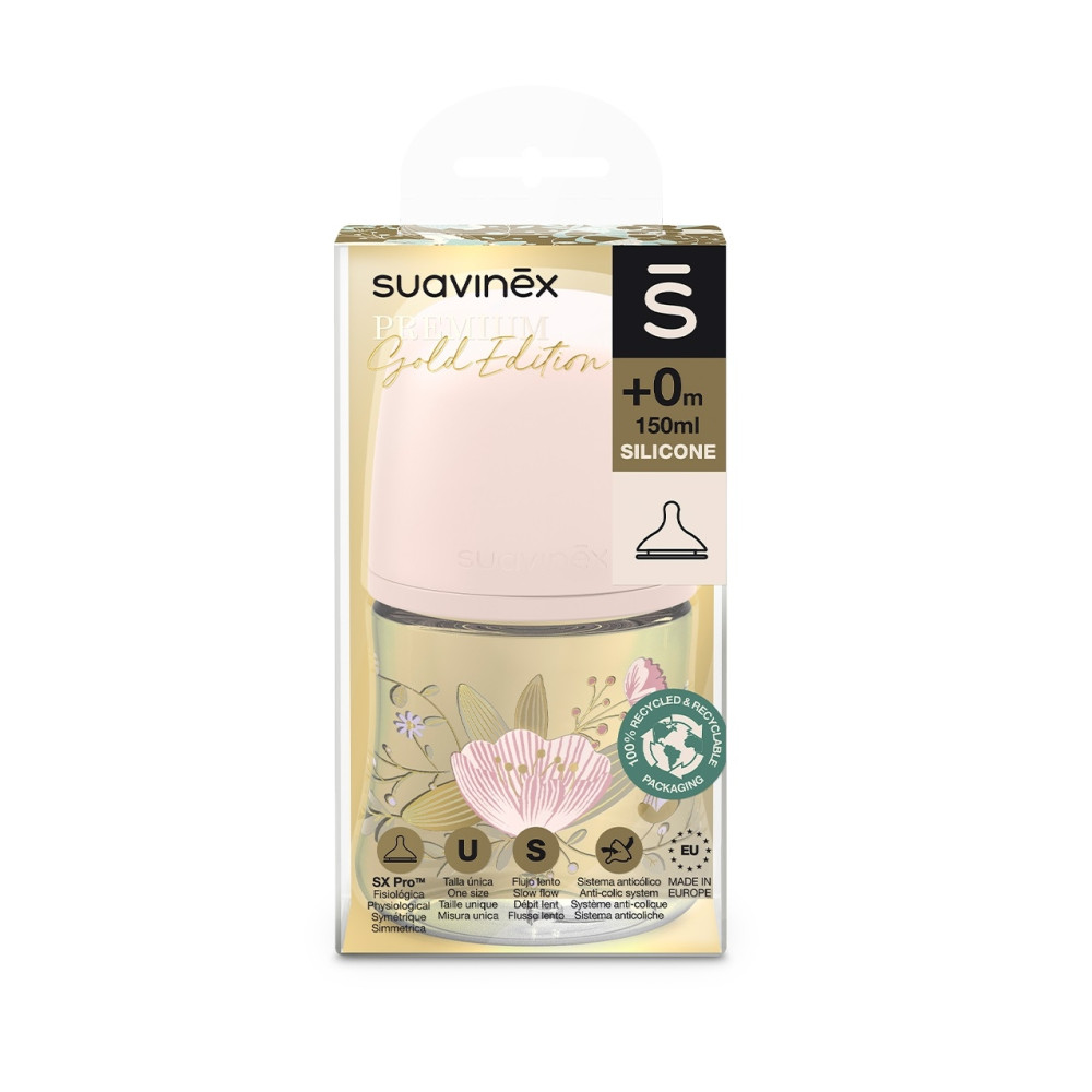 Бутылочка Suavinex Gold Edition, физиологическая соска, медленный поток, 150 мл, розовая (307868)