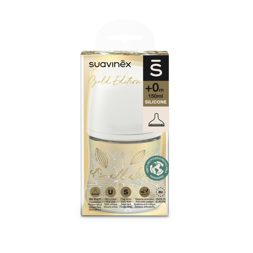 Пляшечка Suavinex Gold Edition, фізіологічна соска, повільний потік, 150 мл, біла (307870)