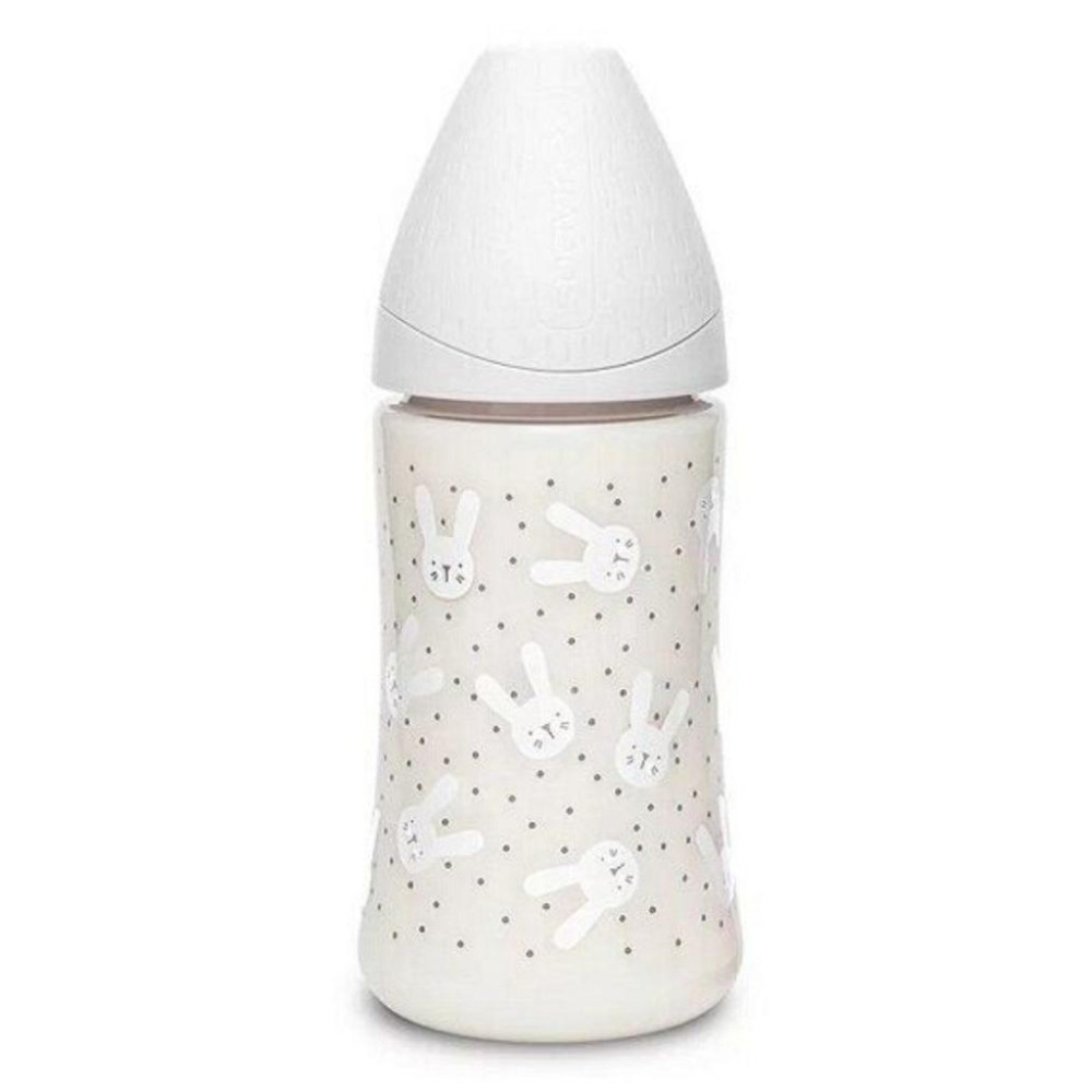 Пляшечка Suavinex, Hygge Затишні історії 270 мл, 3-позиційна соска, сірий зайчик (306681)