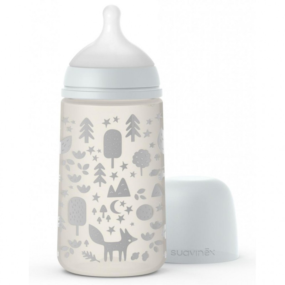 Пляшечка Suavinex Fox Історії лисиці фізіологічна соска, середній потік, 270 мл сіра (307061)