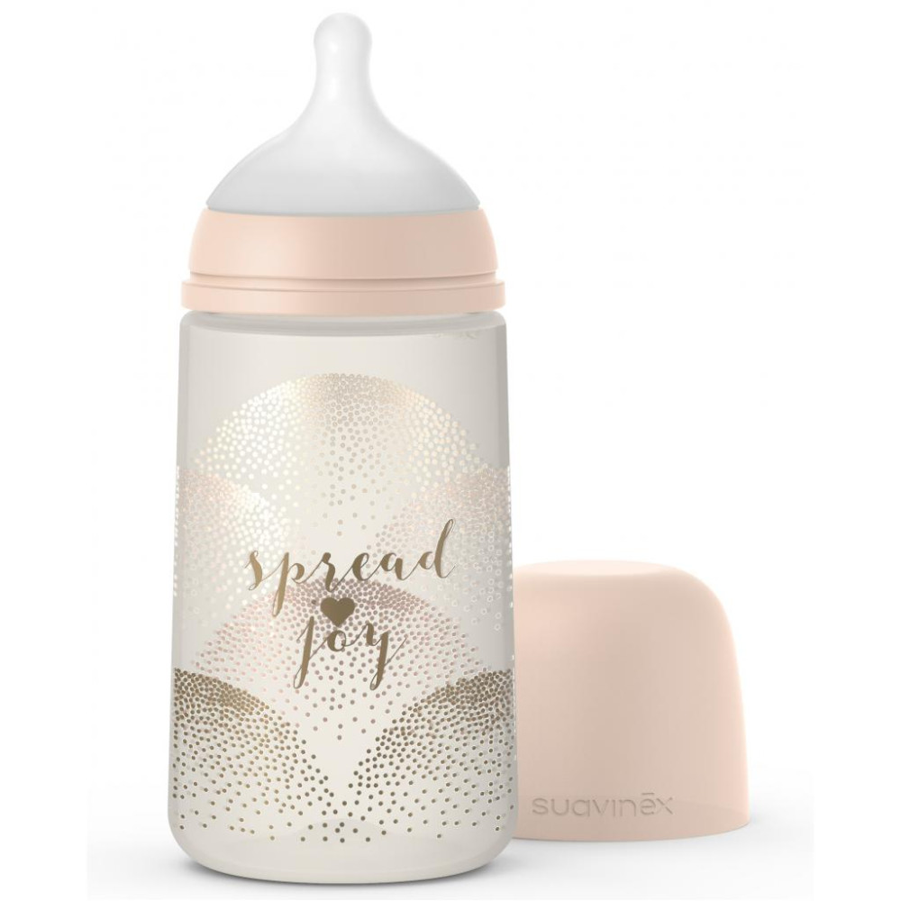 Пляшечка Suavinex Spread joy Чарівні історії 270 мл фізіологічна соска, середній потік, золоте серце (307073)