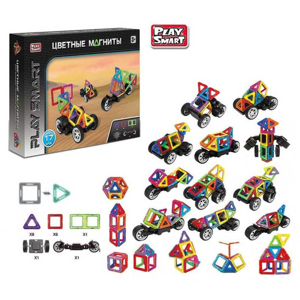 Конструктор магнітний 2476 (24/2) "Play Smart", "Машинки", 17 деталей, 29 моделей, колеса з трансформацією, в коробці