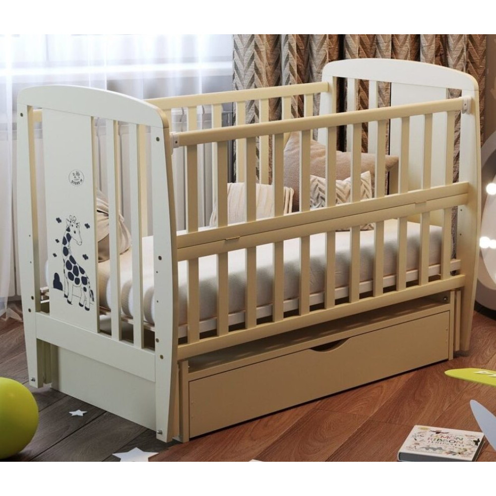 Кроватка Babyroom Жирафик маятник, ящик, откидной бок, бук слоновая кость