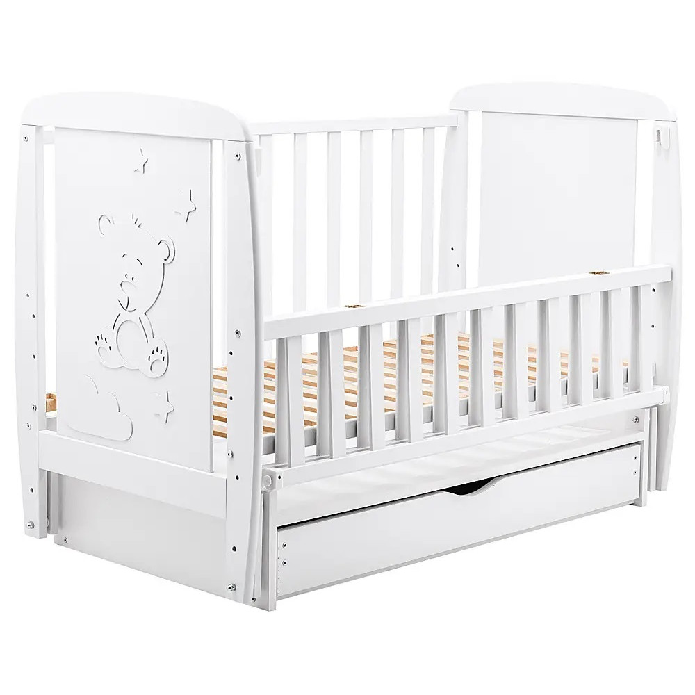 Кроватка Babyroom Умка маятник + ящик + откидной бок DUMYO-3 бук белый (626201) Кроватка Babyroom Умка маятник + ящик + откидной бок DUMYO-3 бук белый (626201)
