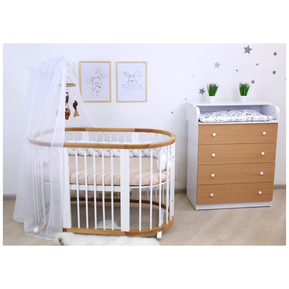 Овальне ліжечко Ovalbed Deluxe Natural + White маятник + колеса