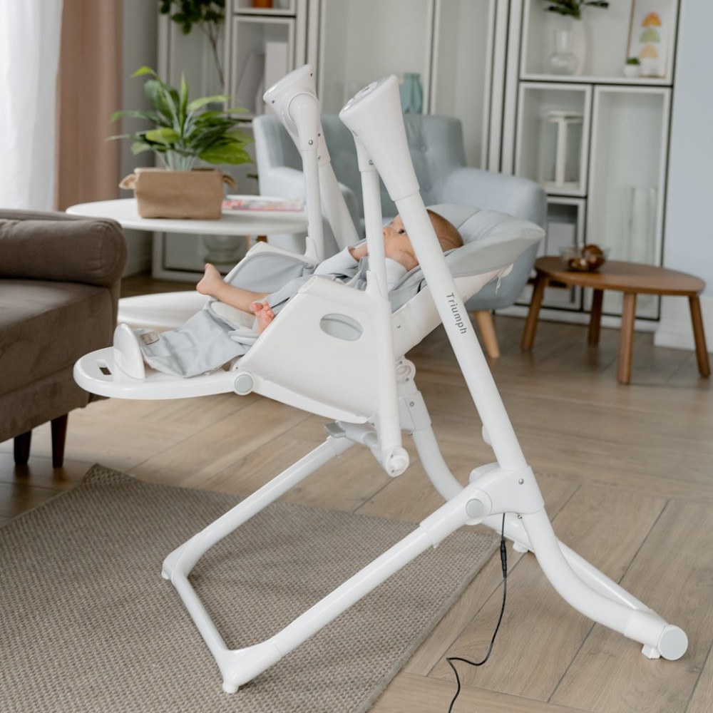 Carrello Triumph CRL-10302 - стільчик для годування, шезлонг та гойдалка з автоматичним безшумним рухом (живлення від мережі та батарейок, пульт ДК, таймер, 2 колеса) • Cloud Grey