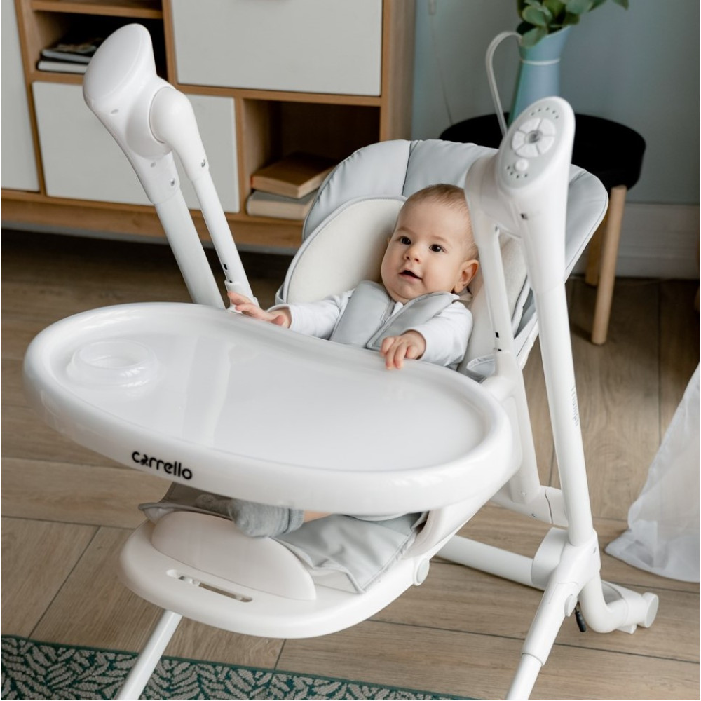 Carrello Triumph CRL-10302 - стільчик для годування, шезлонг та гойдалка з автоматичним безшумним рухом (живлення від мережі та батарейок, пульт ДК, таймер, 2 колеса) • Cloud Grey