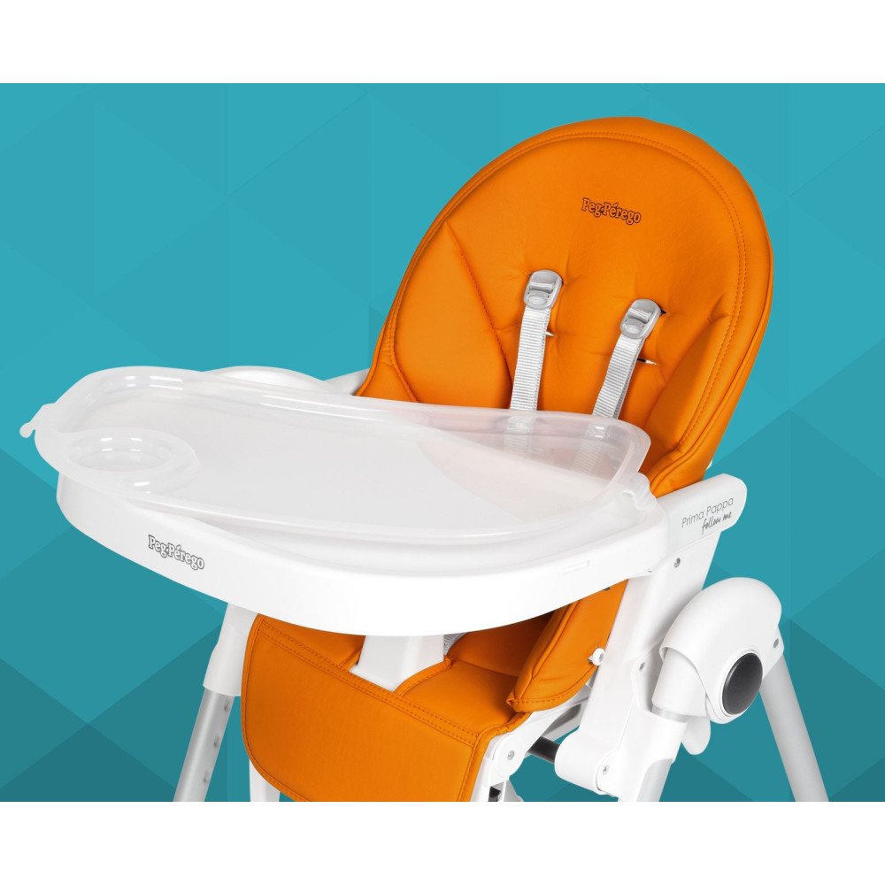 Peg Perego Prima Pappa Follow Me - стульчик для кормления с функцией шезлонга, регулировка высоты и наклона, съемный столик, 4 колеса • Arancia