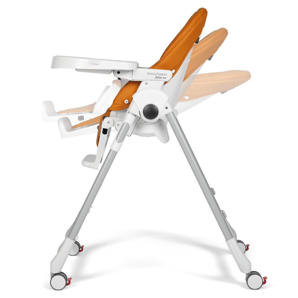 Peg Perego Prima Pappa Follow Me - стульчик для кормления с функцией шезлонга, регулировка высоты и наклона, съемный столик, 4 колеса • Arancia