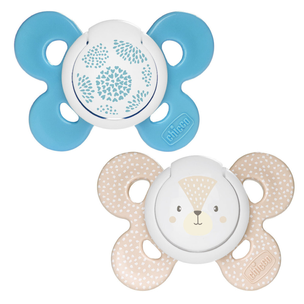 Chicco Physio Comfort 6-16 мес., 2 шт. - набор из двух ортодонтических силиконовых пустышек с контейнером • Голубой