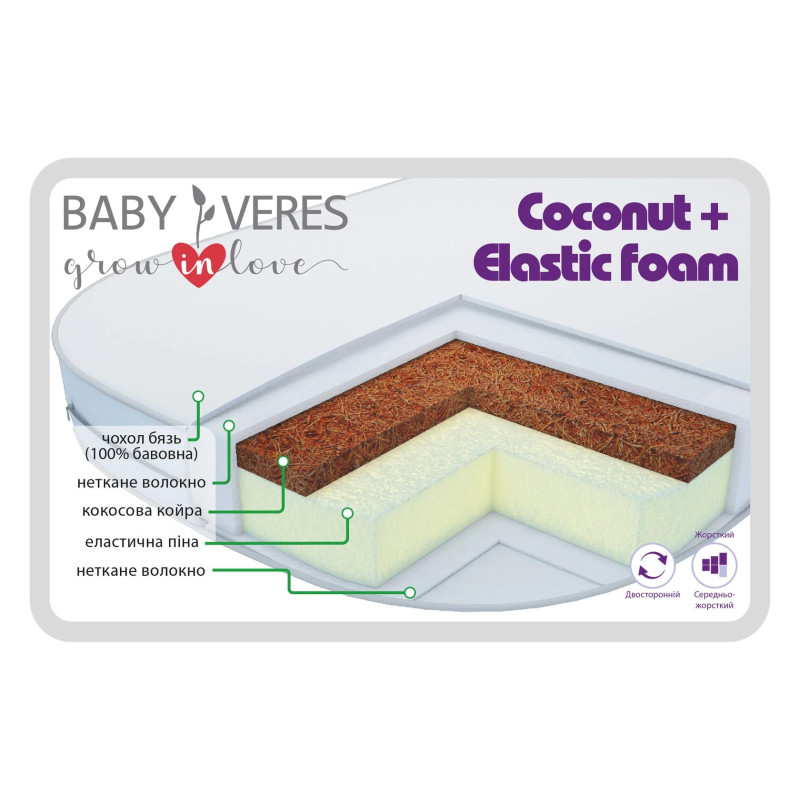 Baby Veres Coconut + Elastic foam - дитячий матрац з двома сторонами жорсткості (неткане волокно, кокосова койра, еластична піна) • 80х60х7 см