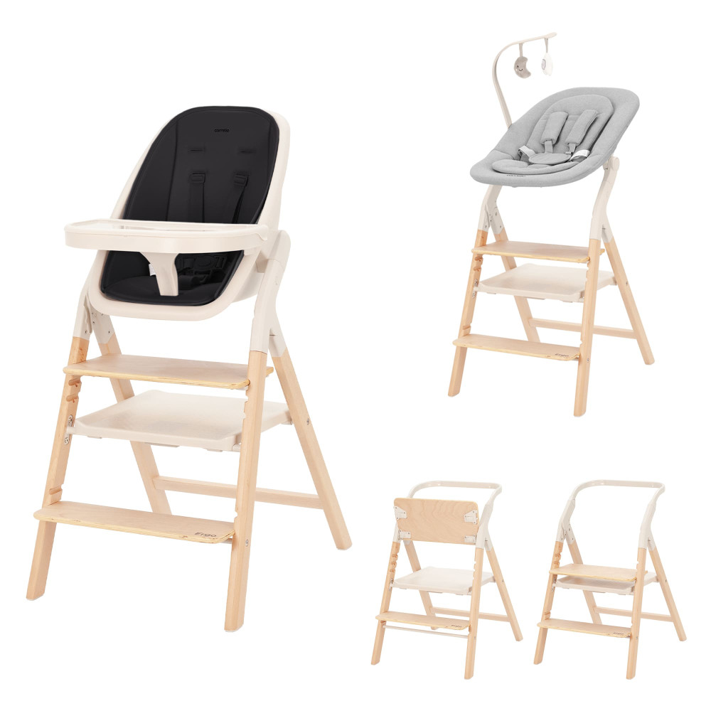 Carrello Ergo CRL-16701 - стільчик для годування, шезлонг для немовля, навчальна вежа до 75 кг, дитячий стільчик (дуга з м’якими іграшками, регульована підніжка) • Obsidian Black
