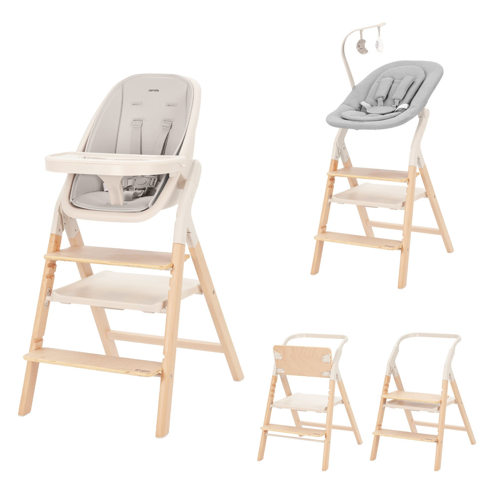 Carrello Ergo CRL-16701 - стільчик для годування, шезлонг для немовля, навчальна вежа до 75 кг, дитячий стільчик (дуга з м’якими іграшками, регульована підніжка) • Linen Beige