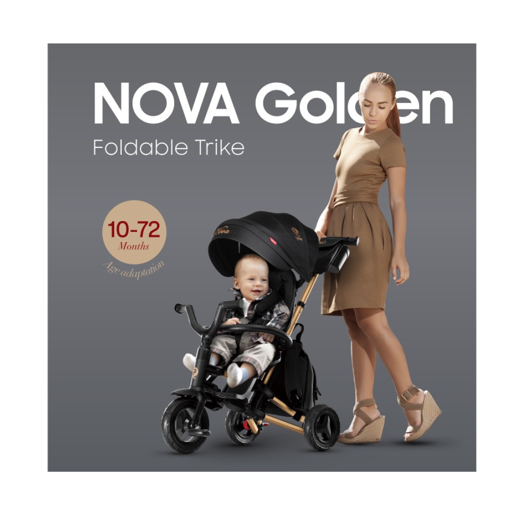 Qplay Nova+ Rubber Gold - складной детский трехколесный велосипед с родительской ручкой, поворотное сиденье (от 10 месяцев) • Golden