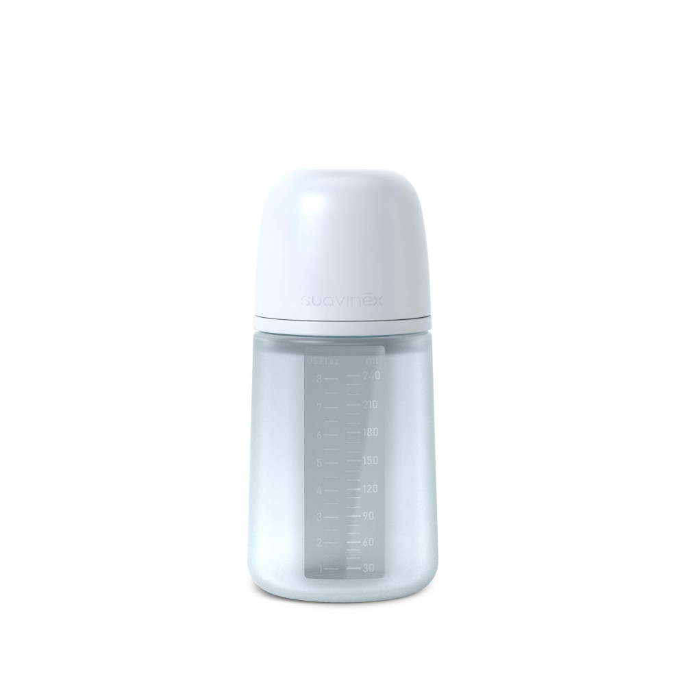 Suavinex Colour Essence - дитяча силіконова пляшечка від 3 місяців, 240 мл, фізіологічна соска повільний потік • Світло-блакитна