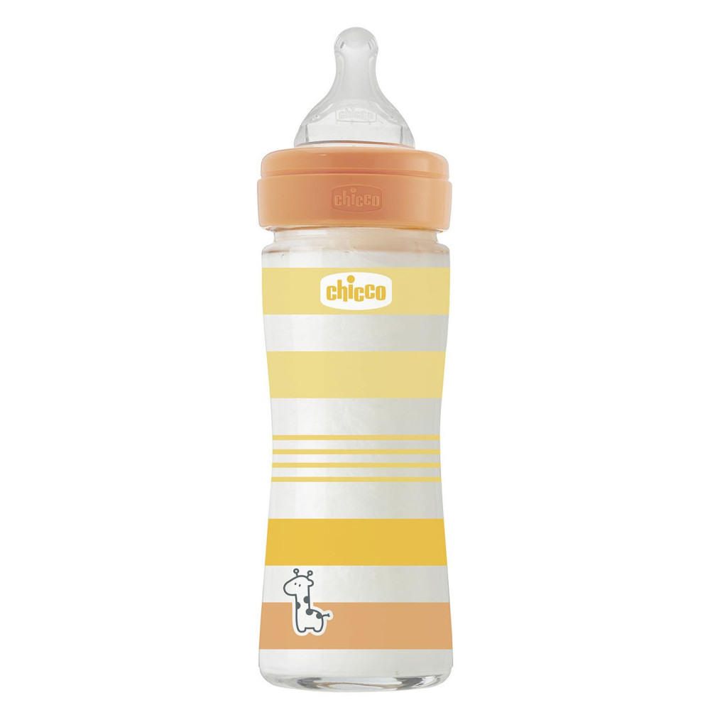 Бутылочка стекло Chicco Well-Being Colors 0+, 240мл, соска силикон, orange (28721.31)