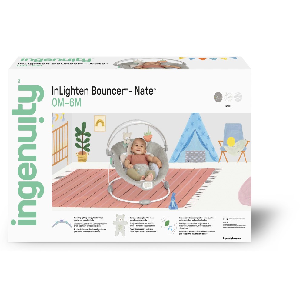Ingenuity InLighten Bouncer - шезлонг-качель для новорожденных с режимом вибрации, успокаивающими мелодиями и игровой дугой • Nate (16667)