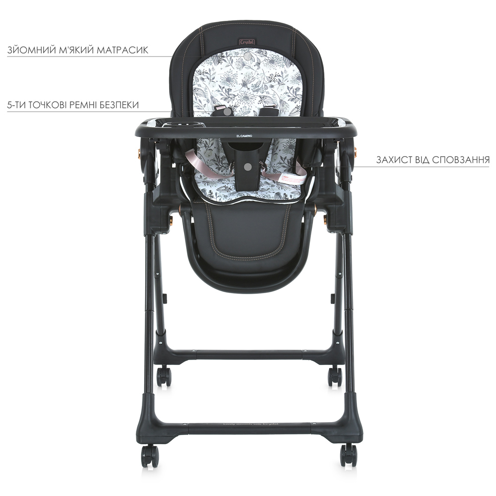 El Camino Crystal ME 1037-B - стільчик для годування на колесах (чохол з екошкіри, м'який матрацик, захист від сповзання) • Black Gold El Camino Crystal ME 1037-B - стільчик для годування на колесах (чохол з екошкіри, м'який матрацик, захист від сповзання) • Black Gold