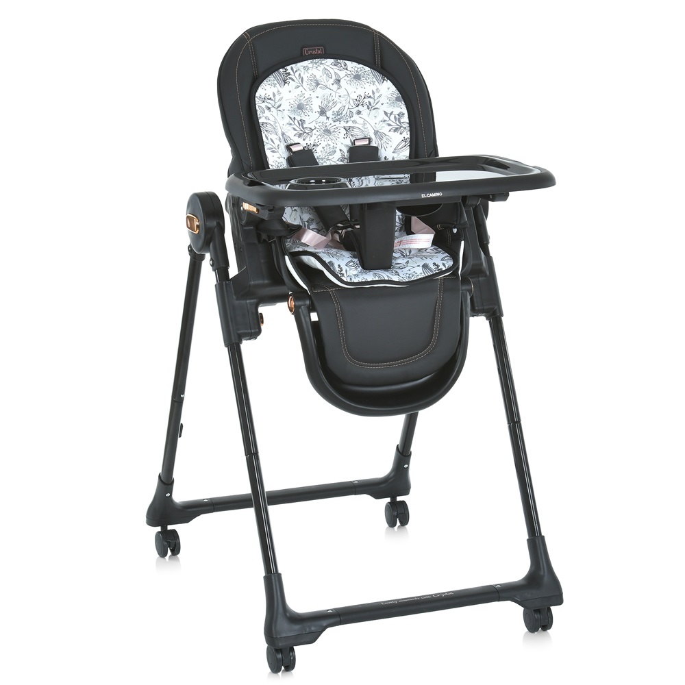 El Camino Crystal ME 1037-B - стільчик для годування на колесах (чохол з екошкіри, м'який матрацик, захист від сповзання) • Black Gold