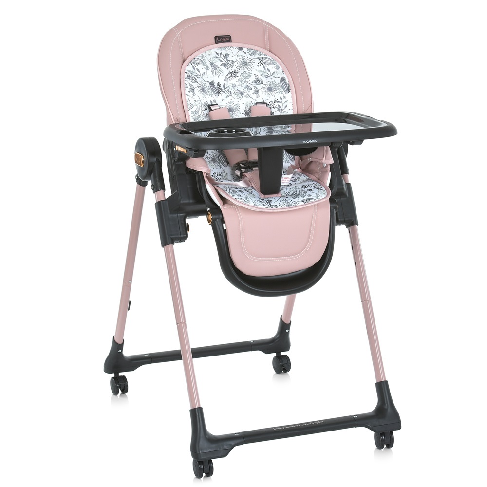 El Camino Crystal ME 1037-B - стільчик для годування на колесах (чохол з екошкіри, м'який матрацик, захист від сповзання) • Rose Gold