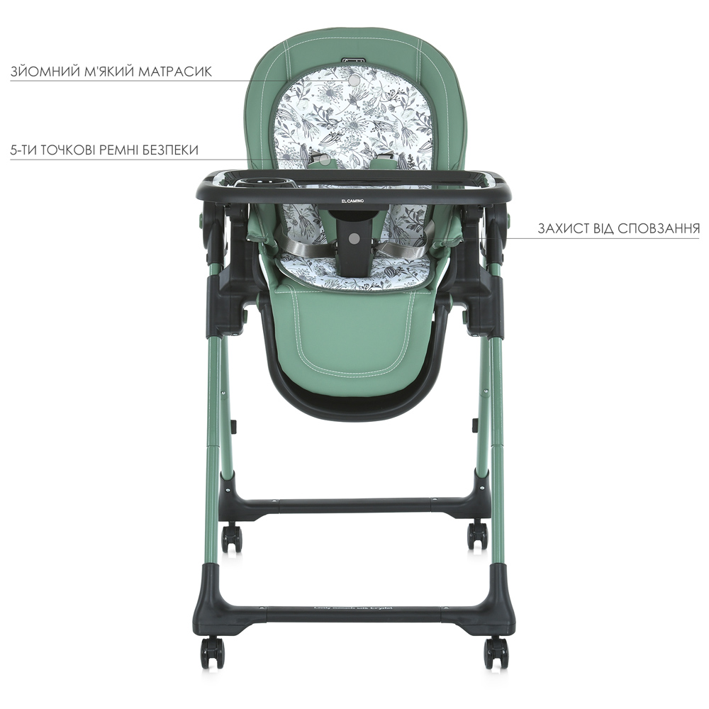 El Camino Crystal ME 1037-B - стільчик для годування на колесах (чохол з екошкіри, м'який матрацик, захист від сповзання) • Green