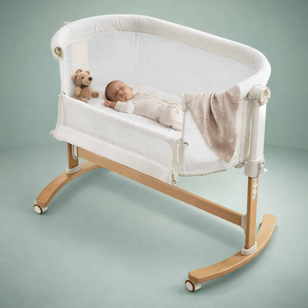BabyGO Amila - приставная кроватка-колыбель 2в1 с качанием и регулировкой высоты • Cream