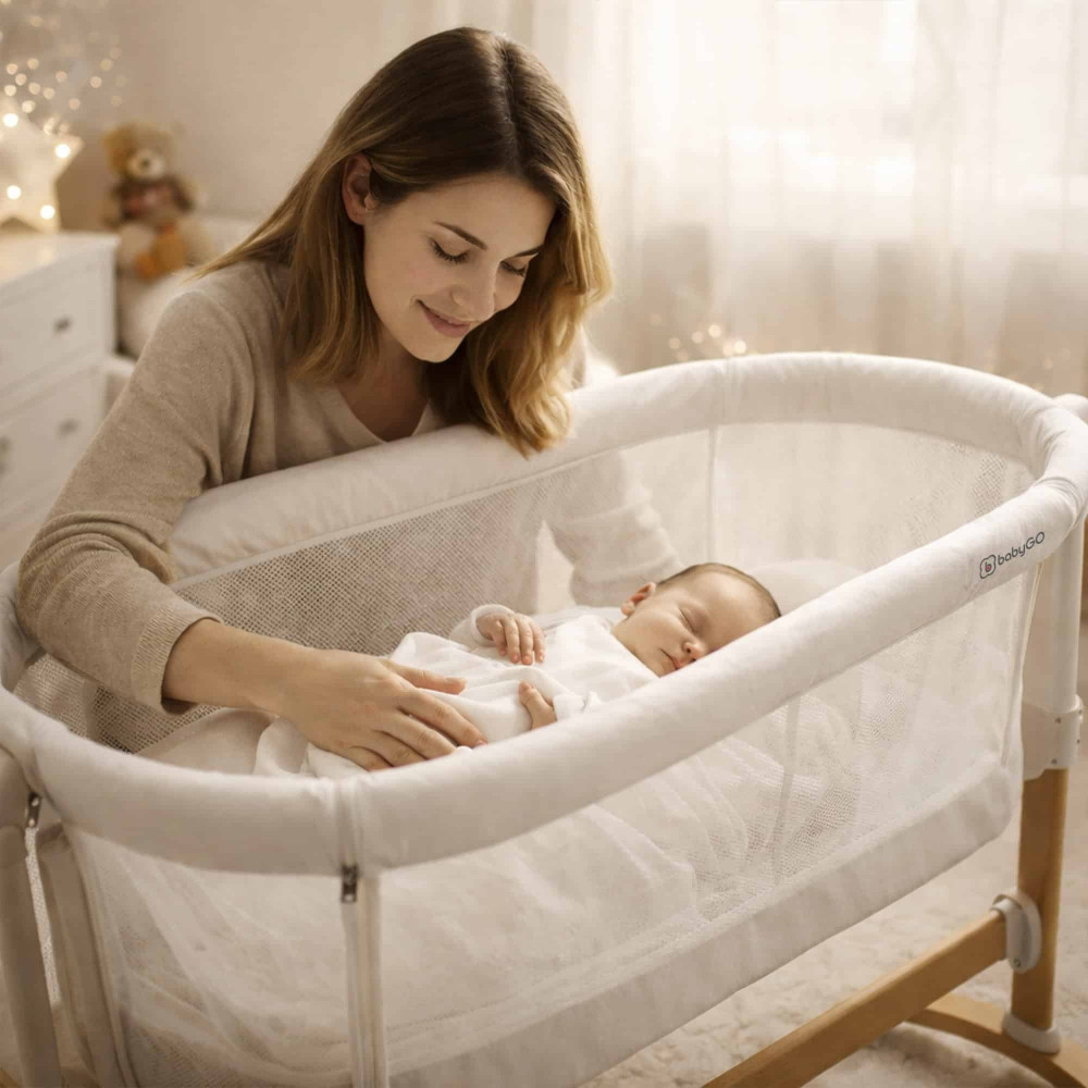 BabyGO Amila - приставная кроватка-колыбель 2в1 с качанием и регулировкой высоты • Cream