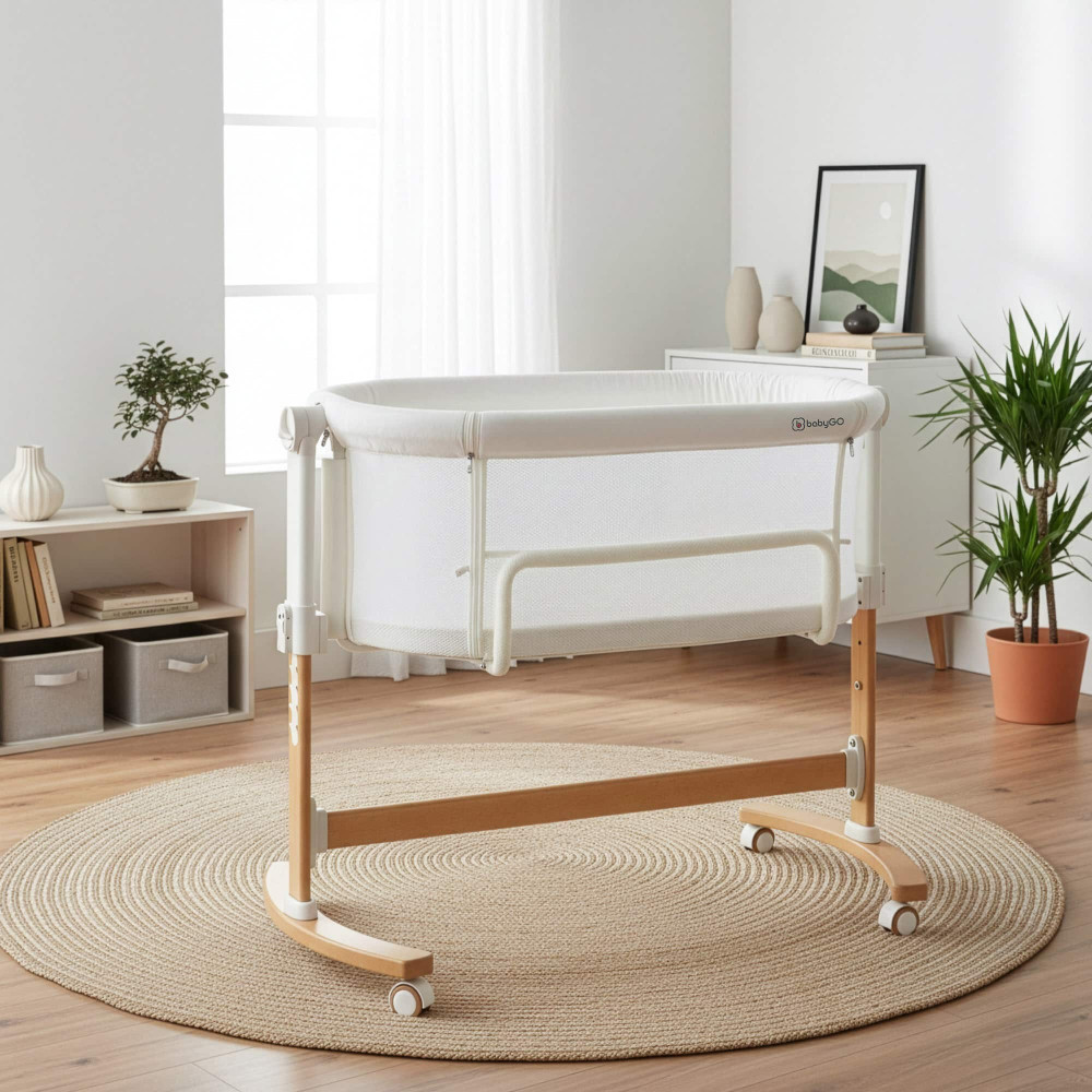 BabyGO Amila - приставная кроватка-колыбель 2в1 с качанием и регулировкой высоты • Cream