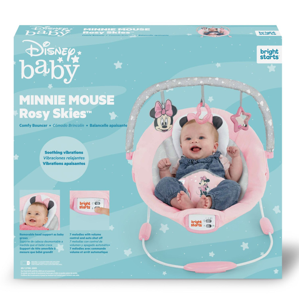 Bright Starts Minnie Mouse - шезлонг для новорожденных с режимом вибрации и звуковыми эффектами • Rosy Skies (12206)