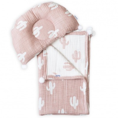 Плед и подушка Twins муслин 100х80 Кактусы, белый/пудра (1421-TMPO-24K)