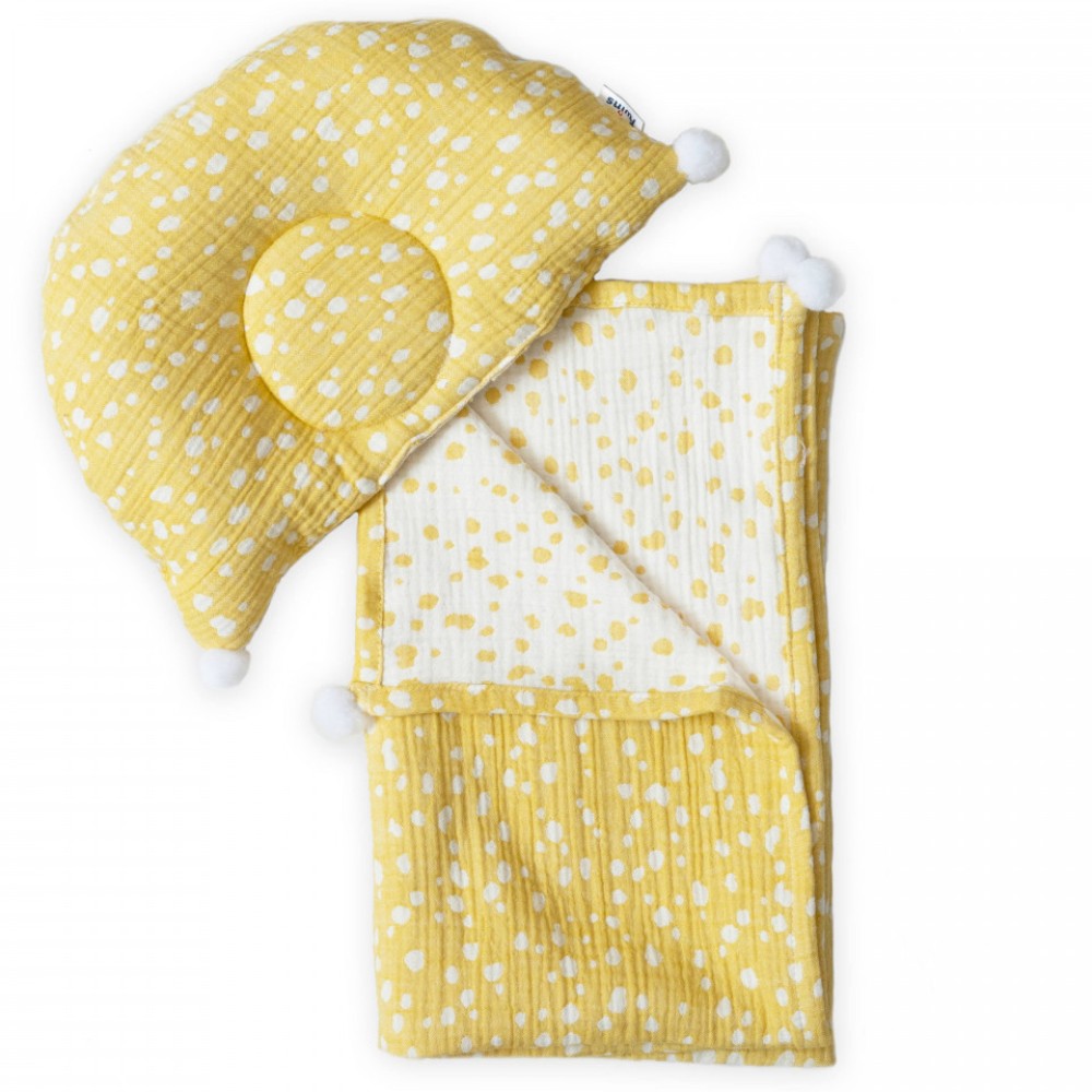 Плед и подушка Twins муслин 100х80 Горошки, белый/желтый (421-TMPO-05)