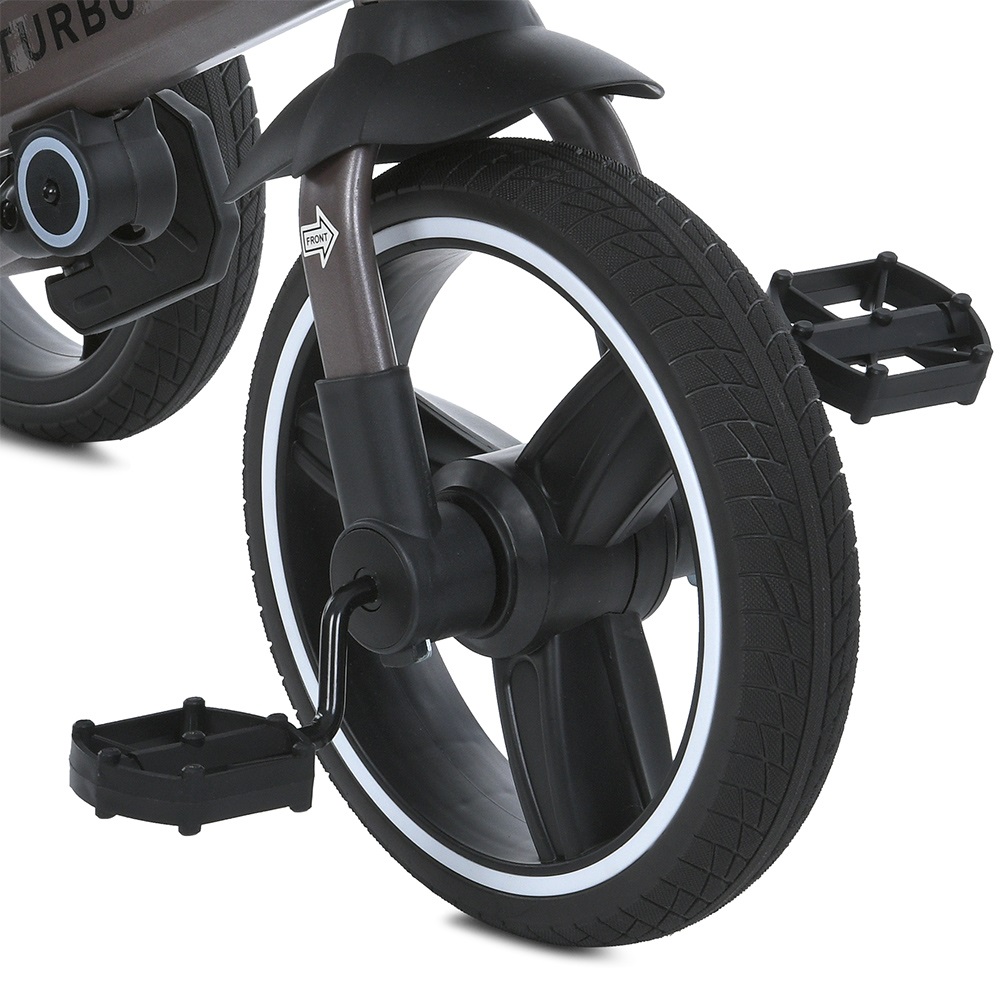 Turbo Trike MT 1002-8 - дитячий триколісний велосипед з батьківською ручкою, поворотне сидіння 360, складне кермо, ігрова панель, пластиковий кошик (від 1.5 до 3 років) • Світло-сірий