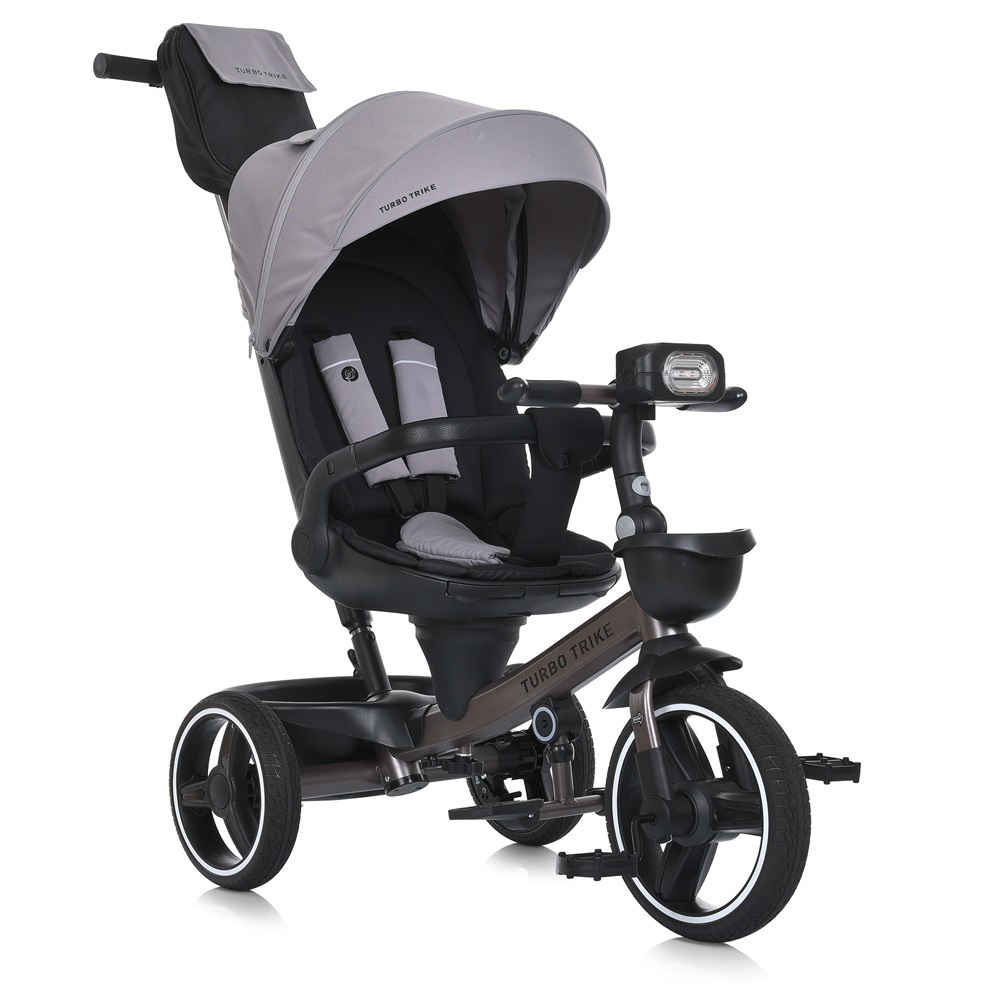 Turbo Trike MT 1002-8 - дитячий триколісний велосипед з батьківською ручкою, поворотне сидіння 360, складне кермо, ігрова панель, пластиковий кошик (від 1.5 до 3 років) • Світло-сірий