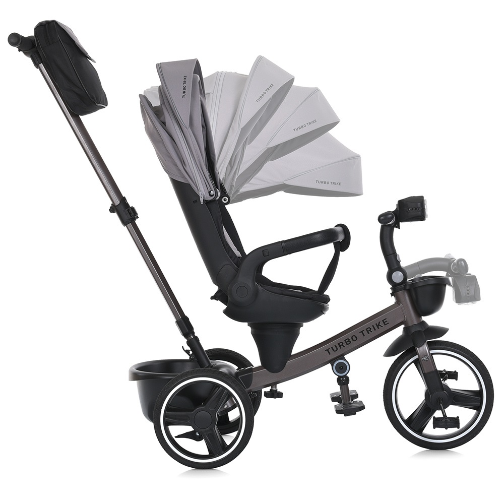 Turbo Trike MT 1002-8 - дитячий триколісний велосипед з батьківською ручкою, поворотне сидіння 360, складне кермо, ігрова панель, пластиковий кошик (від 1.5 до 3 років) • Світло-сірий