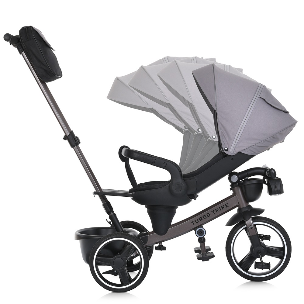 Turbo Trike MT 1002-8 - дитячий триколісний велосипед з батьківською ручкою, поворотне сидіння 360, складне кермо, ігрова панель, пластиковий кошик (від 1.5 до 3 років) • Світло-сірий
