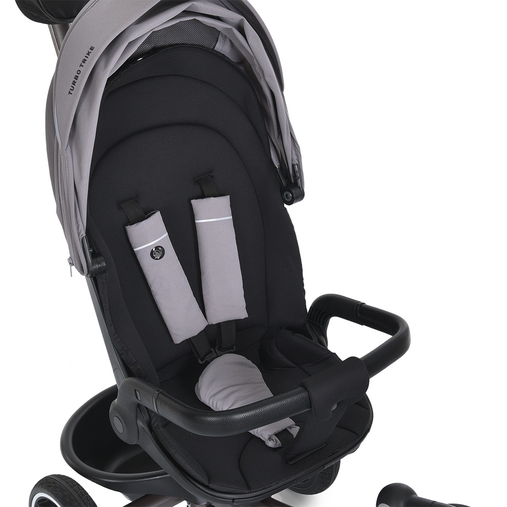 Turbo Trike MT 1002-8 - дитячий триколісний велосипед з батьківською ручкою, поворотне сидіння 360, складне кермо, ігрова панель, пластиковий кошик (від 1.5 до 3 років) • Світло-сірий