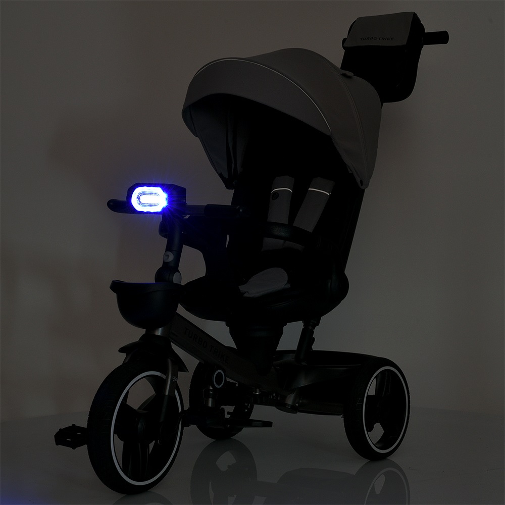 Turbo Trike MT 1002-8 - дитячий триколісний велосипед з батьківською ручкою, поворотне сидіння 360, складне кермо, ігрова панель, пластиковий кошик (від 1.5 до 3 років) • Світло-сірий